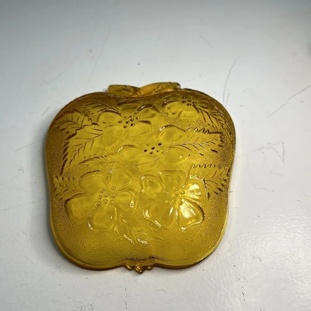 Amber Apple Shape Texture dish Early American Press Glass Hazel Atlas 1970